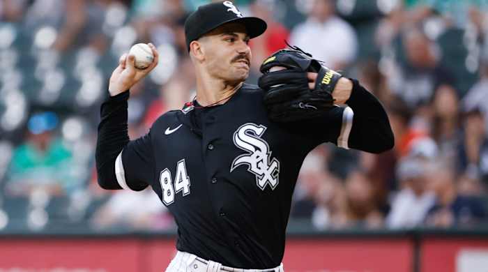 Sep 3, 2022; Chicago, Illinois, USA; Chicago White Sox starting pitcher Dylan Cease (84) delivers against the Minnesota Twins during the first inning at Guaranteed Rate Field. Mandatory Credit: Kamil Krzaczynski-USA TODAY Sports